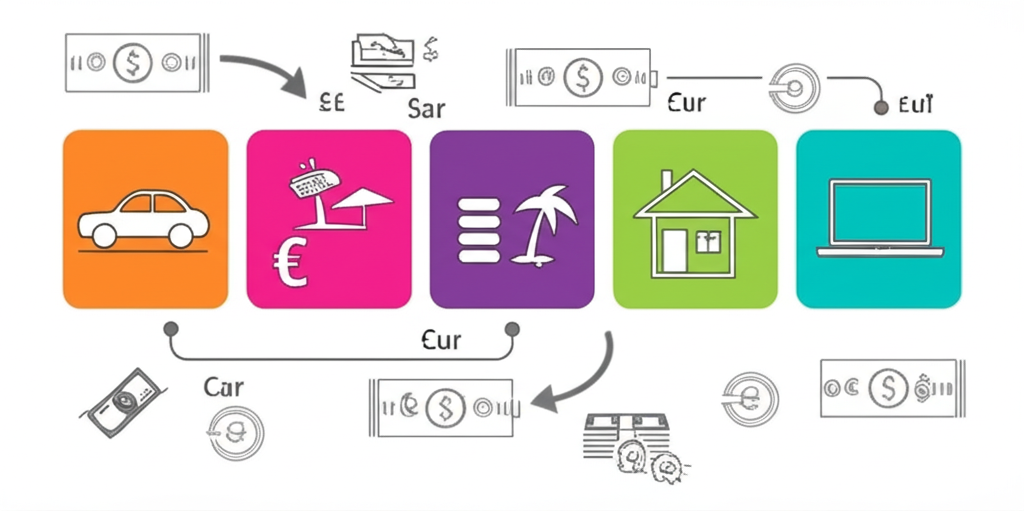 Colorful infographic showing different sinking fund categories including car, home, vacation, and technology with money symbols and icons