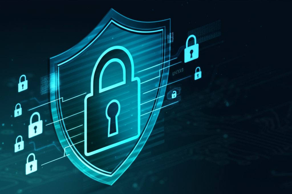 Digital privacy concept with shield and lock icons protecting financial data, modern cybersecurity illustration